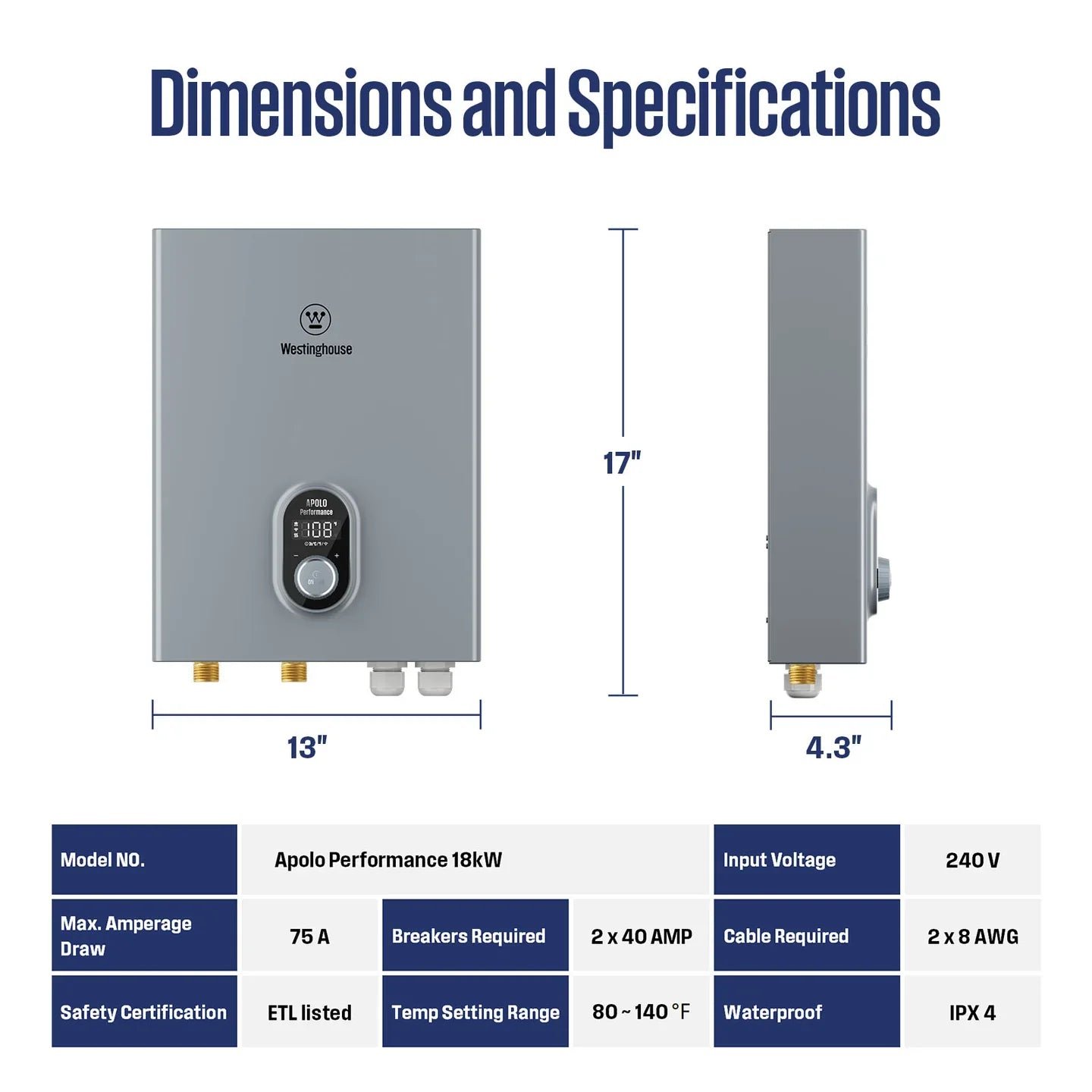 Westinghouse Apolo Tankless Water Heater 18kW with WiFi 4.2 GPM 240V New