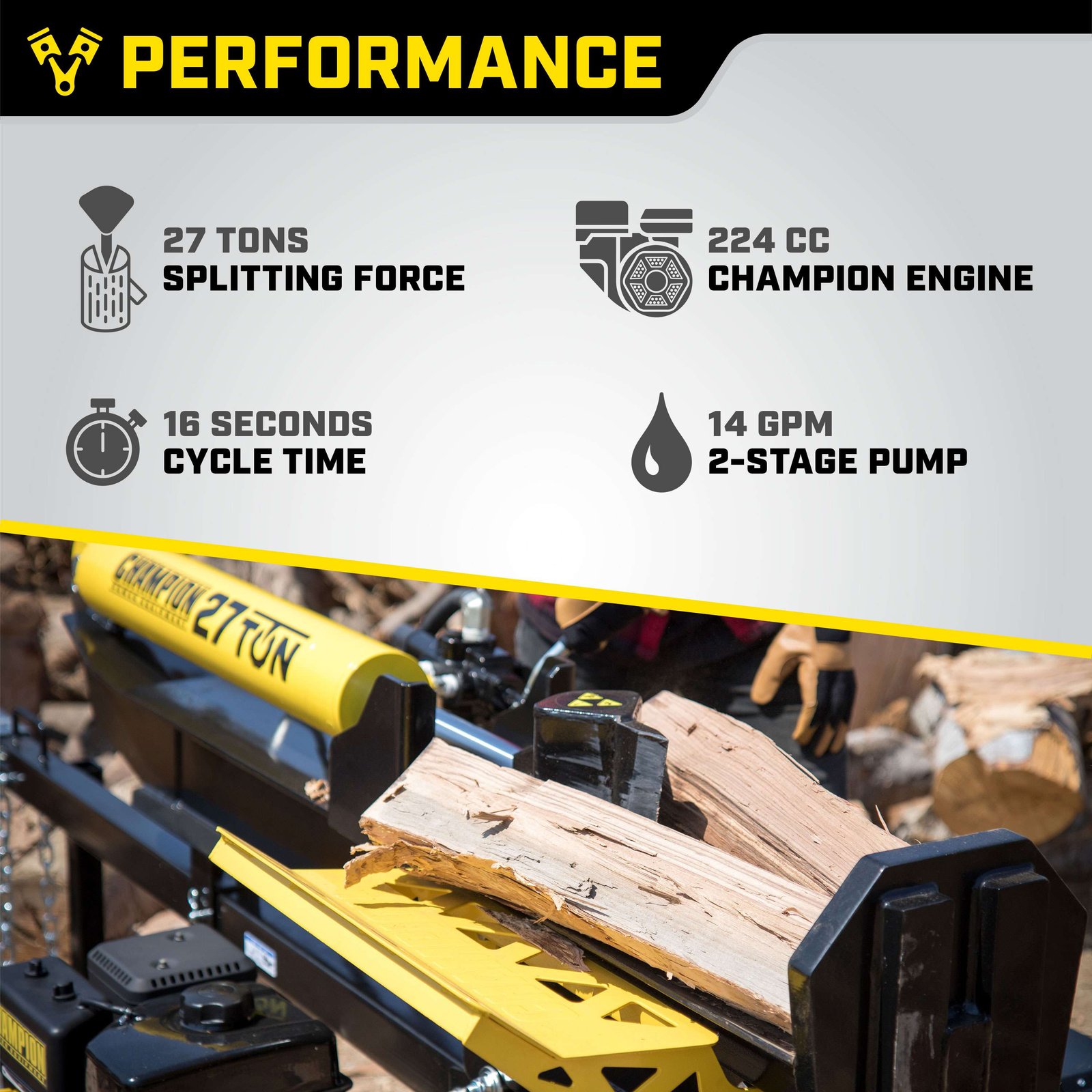 Champion 201312 27-Ton Log Splitter Horizontal/Vertical Full Beam Gas with Auto Return New