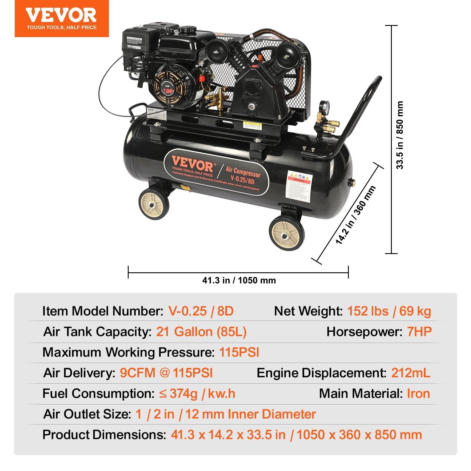 Vevor Air Compressor Gas Powered 9 CFM @ 115 PSI 7HP 21 Gallon New